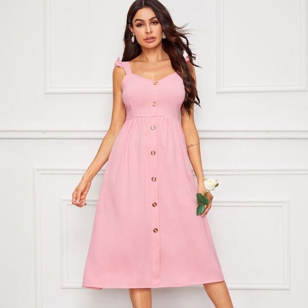 

Button Front Ruffle Strap Fit & Flare Dress