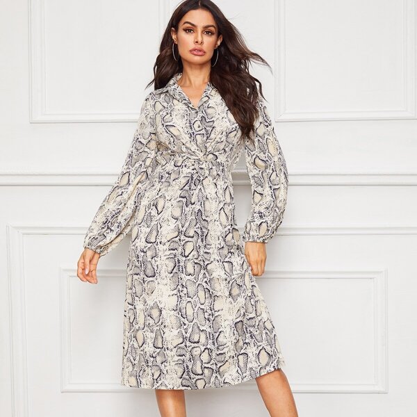 

Snakeskin Print Twist Front Shirt Dress, Multicolor
