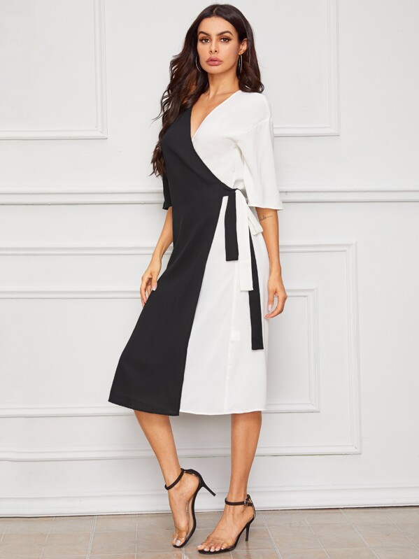

Two Tone Wrap Belted Midi Dress, Black and white, Andy