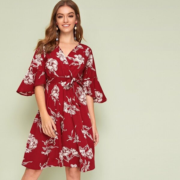 

Floral Print Flounce Sleeve Belted Dress
