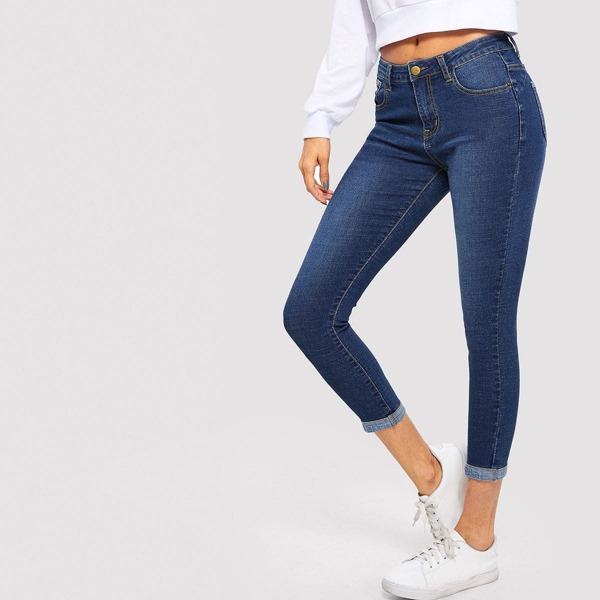 

Stonewash Rolled Hem Capris Skinny Jeans, Navy blue