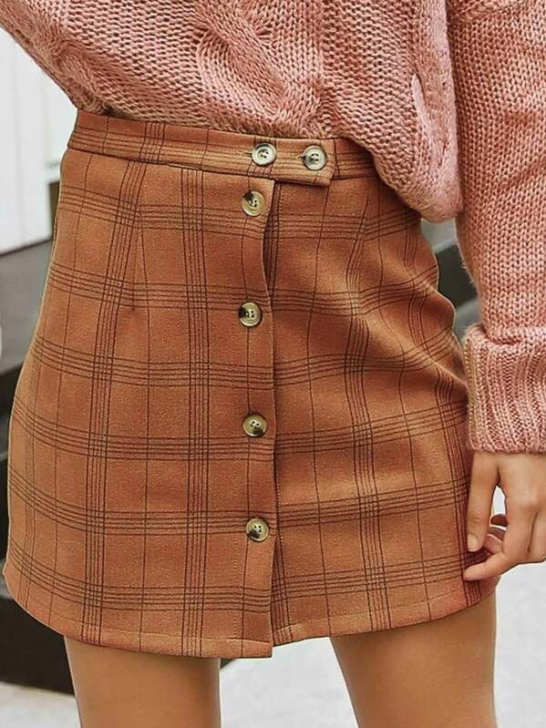 

Simplee Plaid Button Front Suede Skirt, Camel