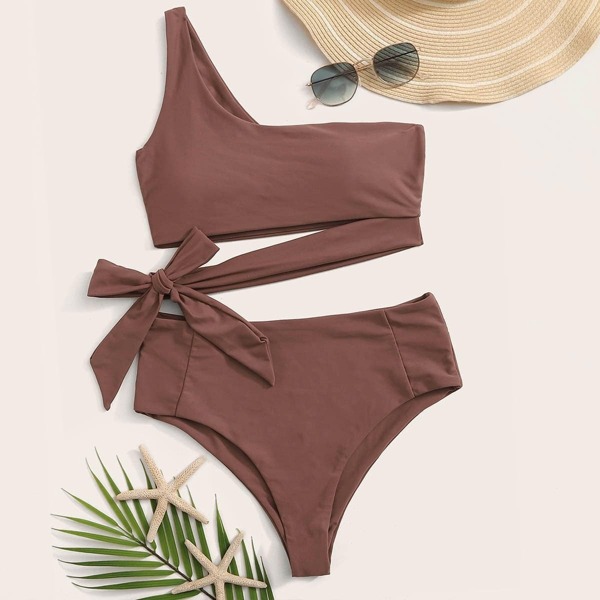 

One Shoulder Cut Out Tie Waist Bikini Set