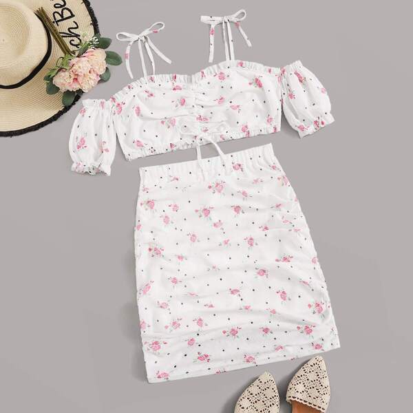 

Frill Trim Floral & Dot Crop Top & Ruched Skirt Set, White