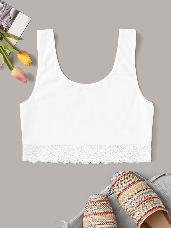 

Solid Lace Hem Crop Tank Top, White