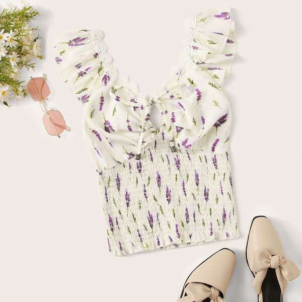 

Ditsy Floral Tie Front Shirred Top, White