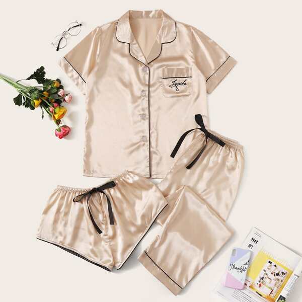 

3pcs Letter Embroidered Satin PJ Set, Gold