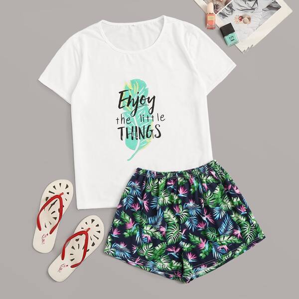 

Tropical & Letter Print Pajama Set