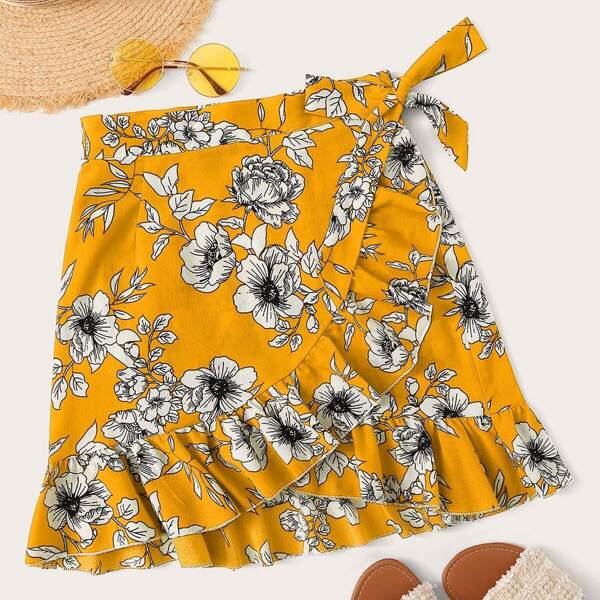 

Floral Print Tie Side Ruffle Wrap Skirt