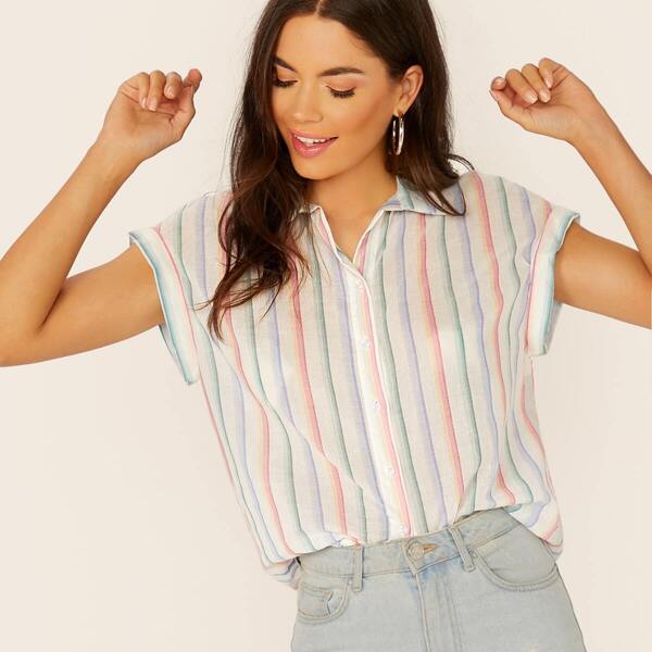 

Collared Short Sleeve Striped Shirt, Multicolor
