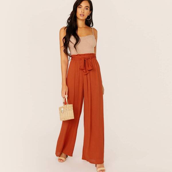 

Paperbag Waist Self Belted Wide Leg Pants, Orange