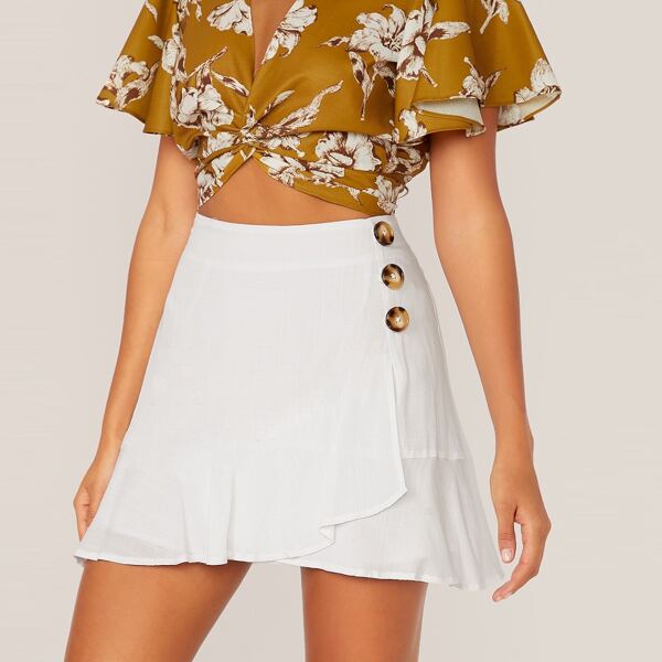 

Button Detail Wrap Ruffle Hem Skirt, White