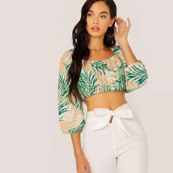 

Tie Neck Cut Out Lantern Sleeve Botanical Print Top, Multicolor