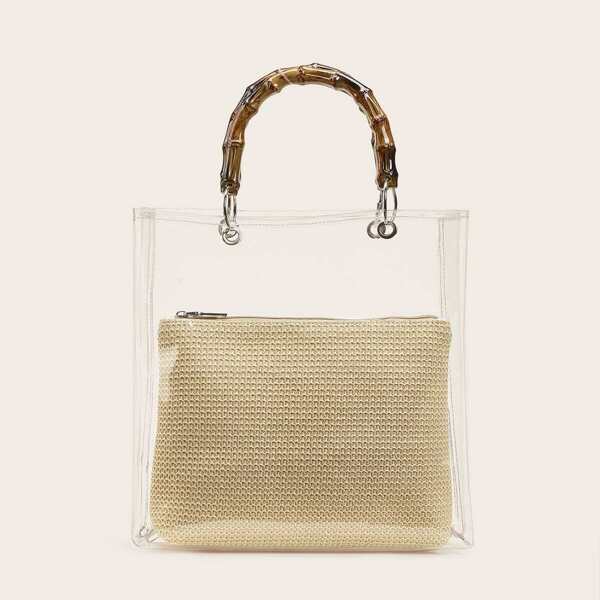 

Bamboo Shaped Handle Clear Tote Bag With Inner Pouch