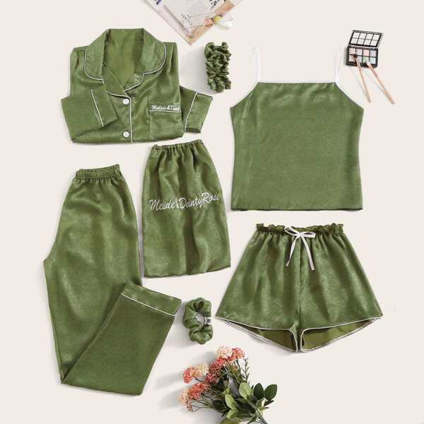 

7pcs Letter Embroidered Satin Pajama Set