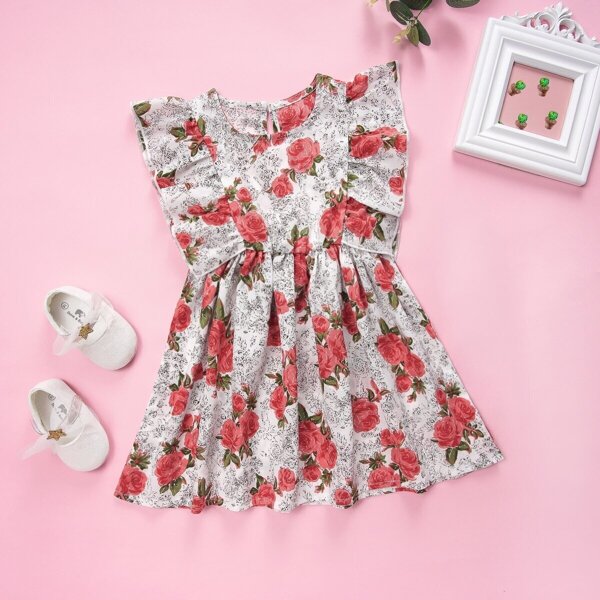 

Toddler Girls Floral Print Ruffle Trim Flare A-line Dress