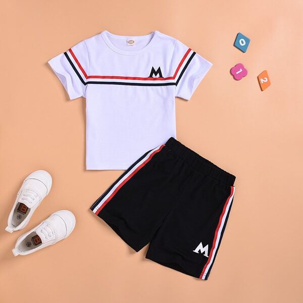 

Toddler Boys Striped Tape Letter Print Tee With Shorts