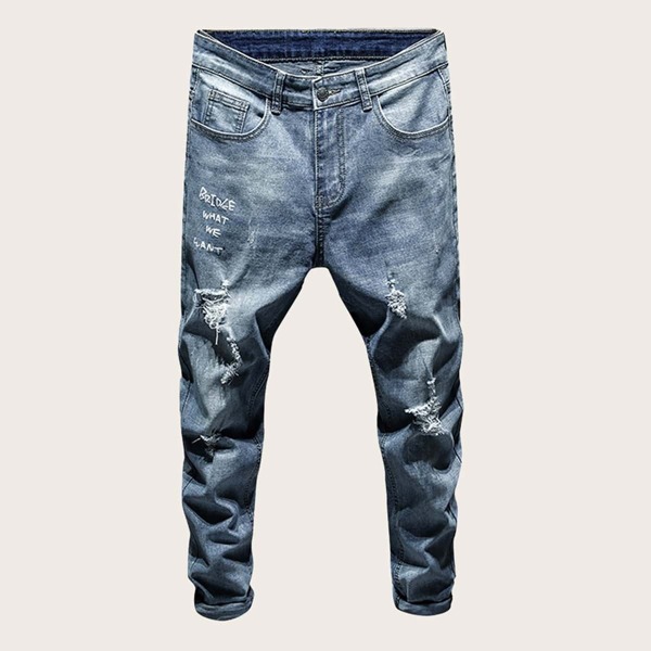 

Men Letter Print Ripped Washing Fade Skinny Jeans
