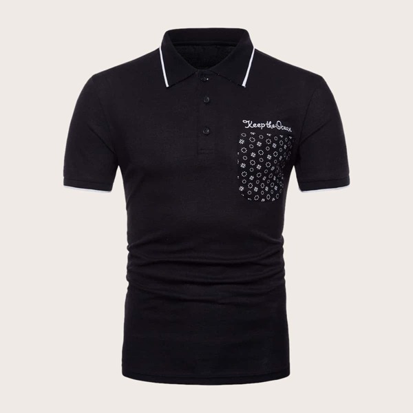 

Men Letter Embroidery Floral Print Polo Shirt