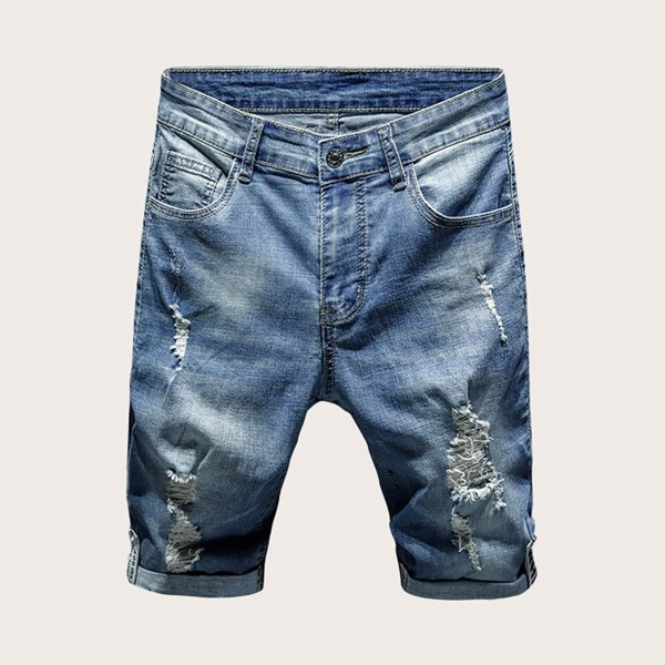 

Men Ripped Roll Up Hem Bermuda Denim Shorts