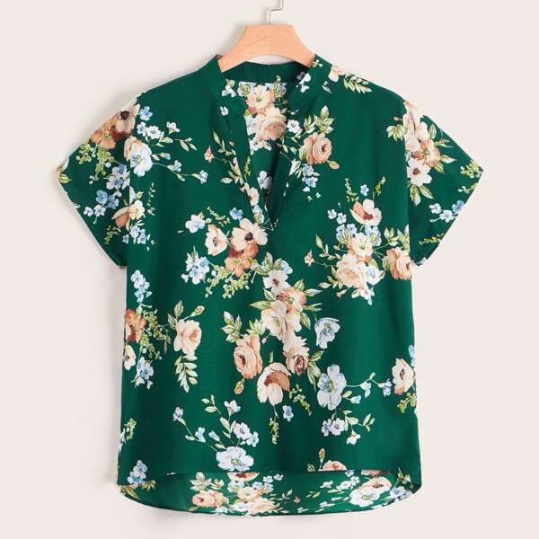 

Plus Floral Print Dip Hem Notched Blouse