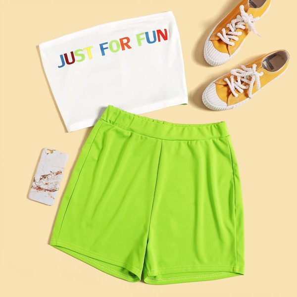 

Letter Print Bandeau Top With Neon Green Shorts