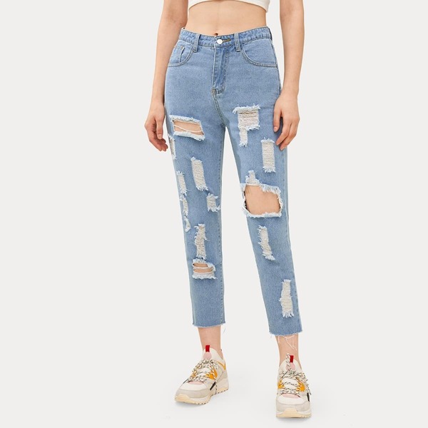 

Button Waist Cut Out Ripped Mom Jeans