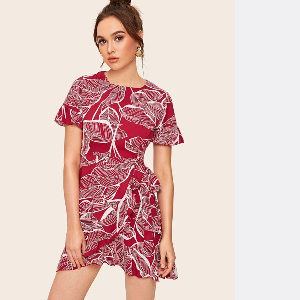 

Tropical Print Ruffle Hem Self Tie Wrap Dress
