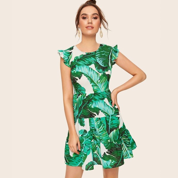 

Tropical Print Ruffle Cuff Flippy Hem Dress