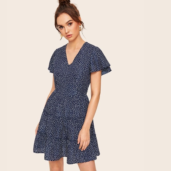 

V-neck Dalmatian Print Flippy Hem Dress