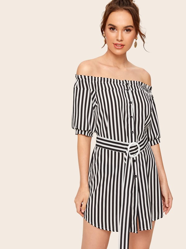 

Striped Button Front Off Shoulder Belted Dress, Black and white, Katja