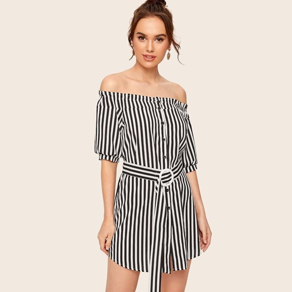 

Striped Button Front Off Shoulder Belted Dress