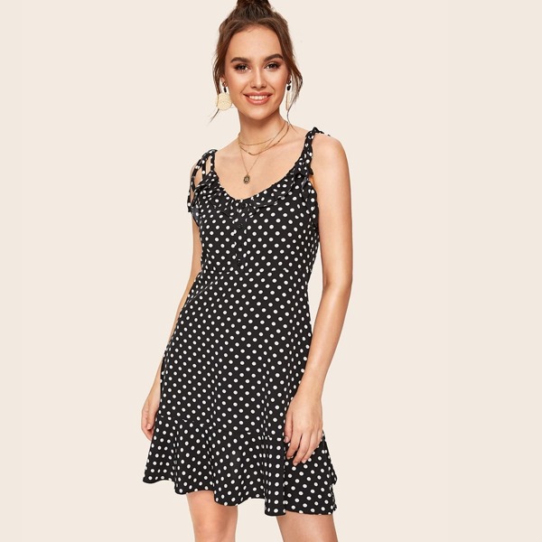 

Polka Dot Button Front Ruffle Trim Cami Dress