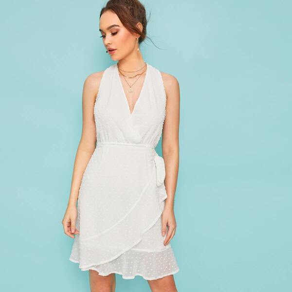 

Surplice Swiss Dot Ruffle Hem Backless Self Tie Wrap Dress