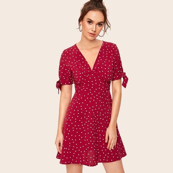 

V-neck Polka Dot Knot Cuff Dress