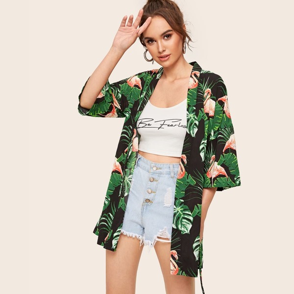 

Tropical & Crane Print Belted Kimono