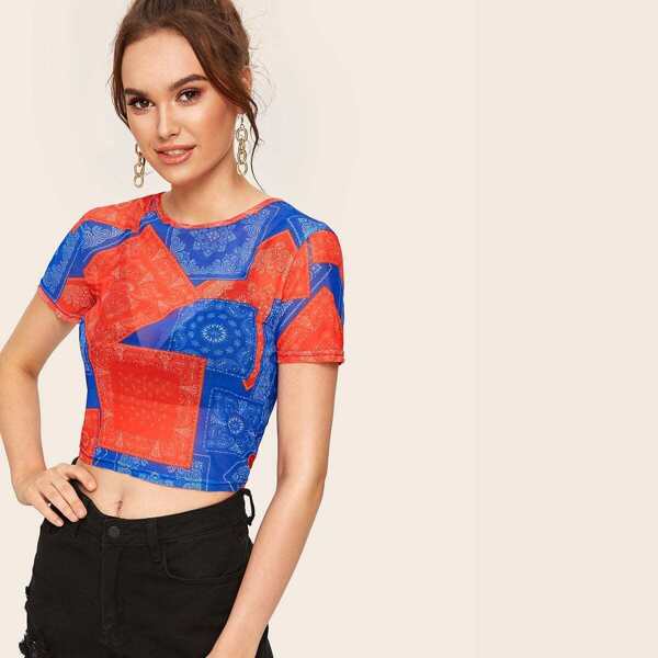 

Mesh Tribal Print Sheer Tee Without Bra