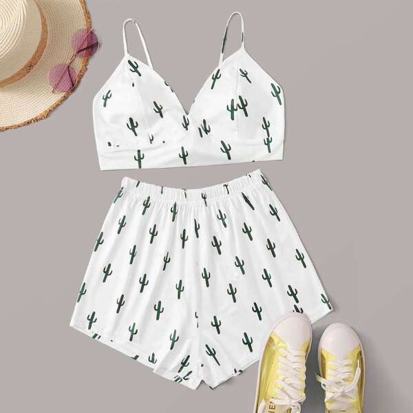 

Cactus Print Tie Back Cami Top With Shorts