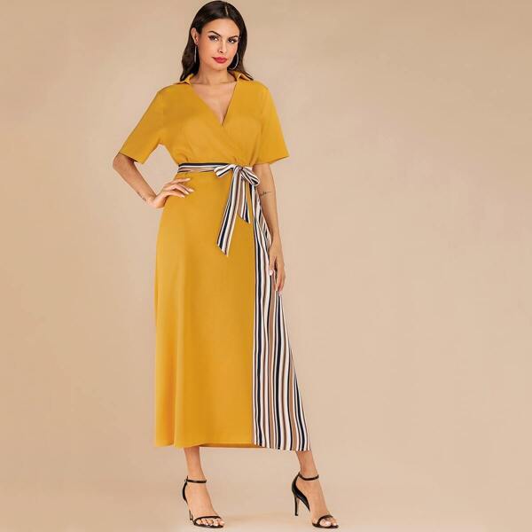 

Striped Contrast Surplice Front Belted Dress, Yellow