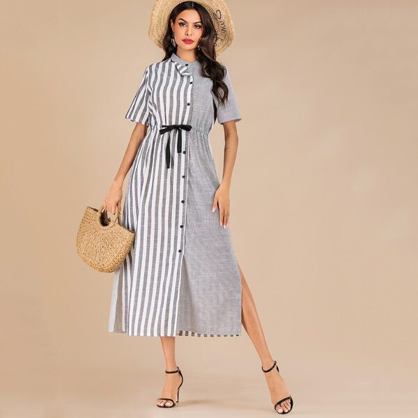 

Striped Drawstring Waist Split Side Shirt Dress, Multicolor