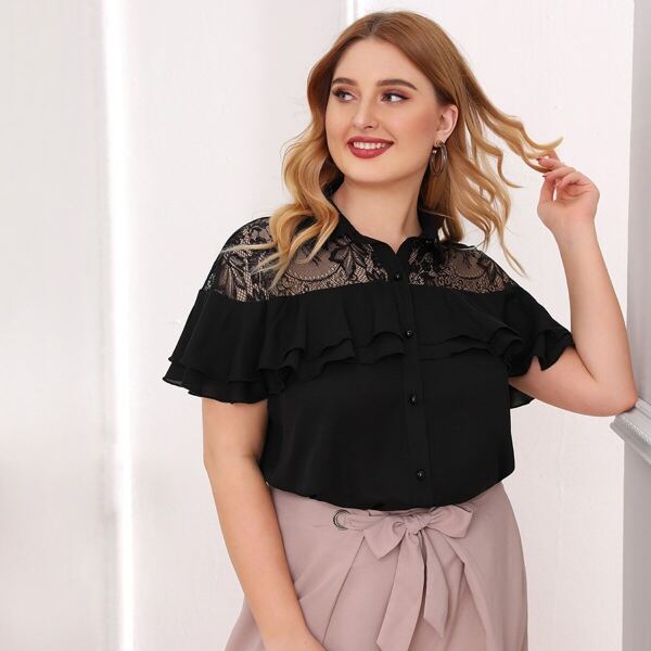 

Plus Lace Insert Layered Ruffle Trim Blouse