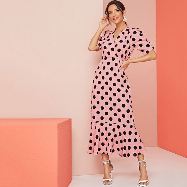 

Polka Dot Surplice Front Ruffle Hem Dress, Pink