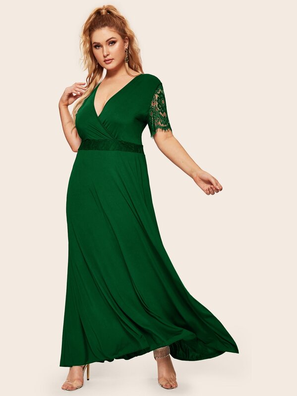 

Plus Contrast Lace Surplice Front Maxi Dress, Green, Kellee Moran