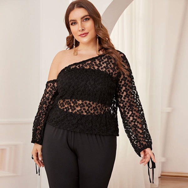 

Plus Mesh Embroidery Asymmetrical Sheer Top Without Bra, Black