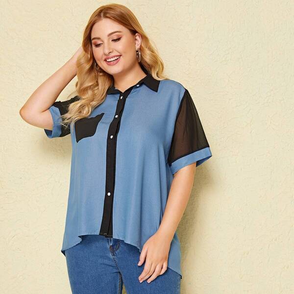 

Plus Mesh Insert Pocket Patched Denim Top