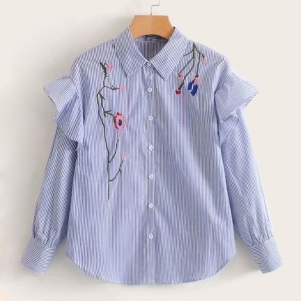 

Floral Embroidery Contrast Ruffle Striped Print Blouse