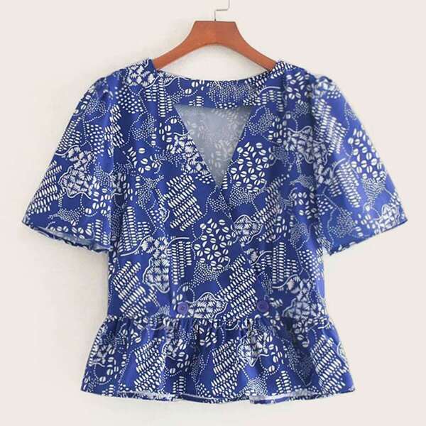 

Tribal Print Surplice Front Ruffle Hem Blouse