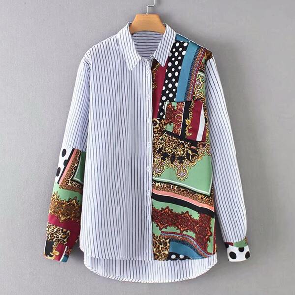 

Contrast Tribal And Striped Print Dip Hem Blouse, Multicolor