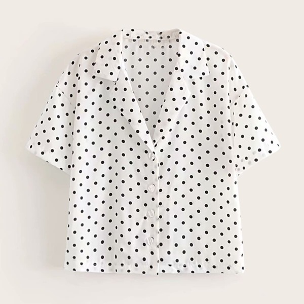 

Polka Dot Print Button Front Notch Blouse