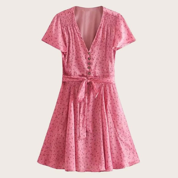 

Ditsy Floral Print Belted V-neck Dress, Pink